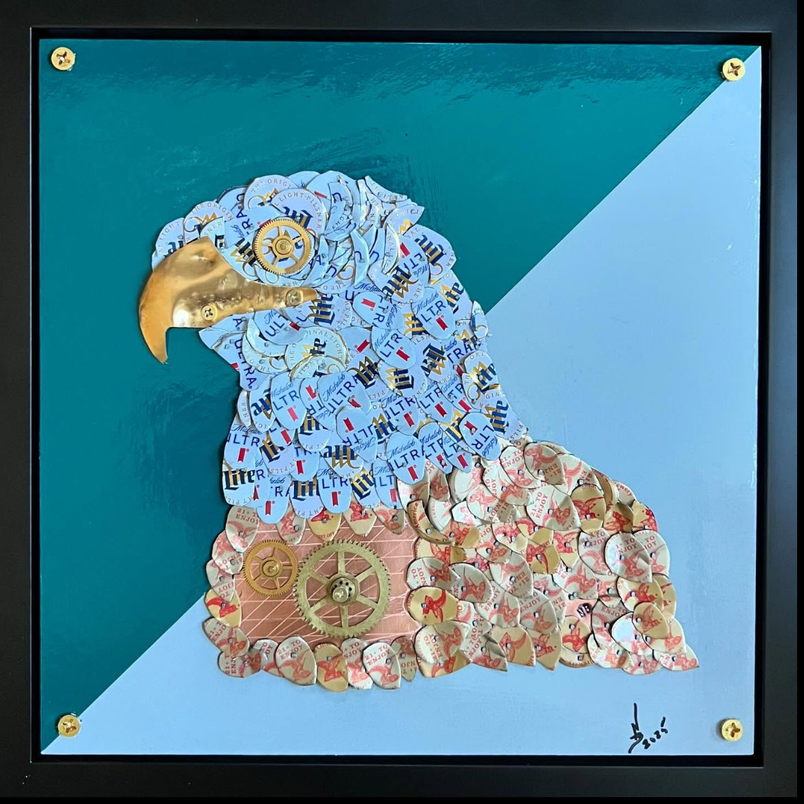 Artistic depiction of a bird made from individually hand cut, formed and nailed to the background. Additional use of metal, paint and watch gears add to the charm. 