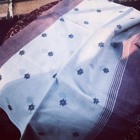 Cotton Jamdani - White with Maroon border and Black star motifs