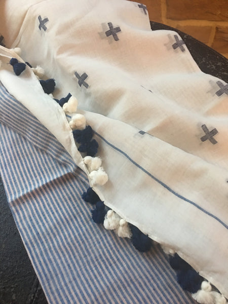 Cotton Jamdani - White with Blue stripes and motifs