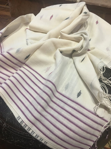 Cotton Jamdani - Off White with Pink and Black stripes and motifs