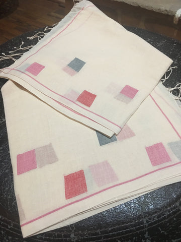 Cotton Jamdani - Peach with Multicolored Square motifs