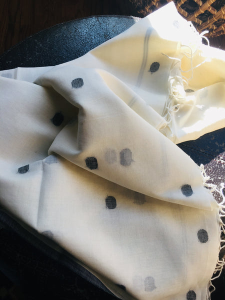 Cotton Jamdani - White with Black polka dots