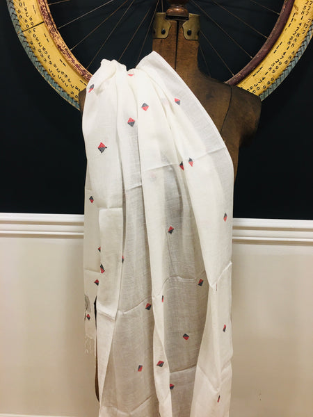 Cotton Jamdani - White  with colored diamonds