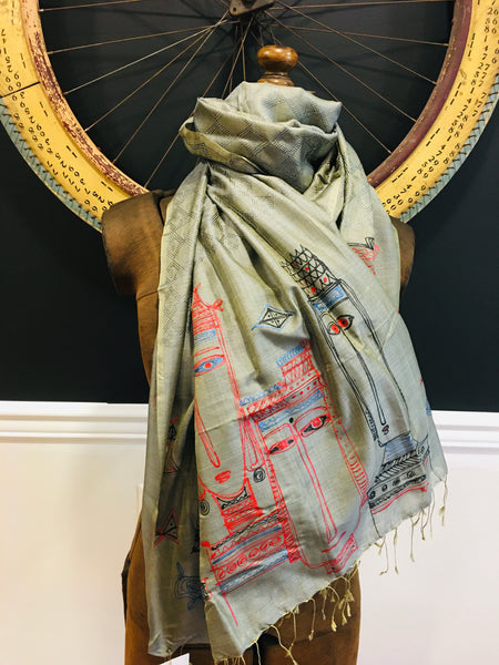 Handpainted jacquard silk scarf