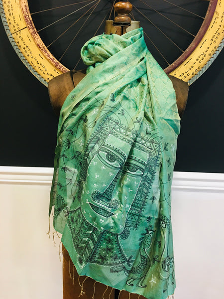 Handpainted jacquard silk scarf