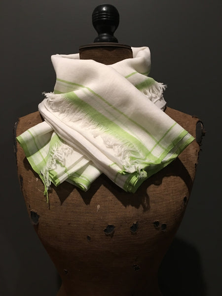 Soft handwoven cotton scarf with green border
