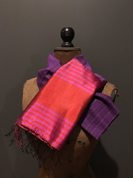 Purple and pink scarf in handwoven silk and cotton