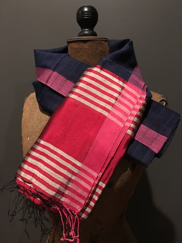 Indigo and red scarf in handwoven silk and cotton