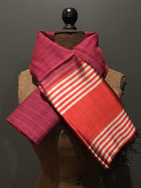 Pink and orange scarf in handwoven silk and cotton