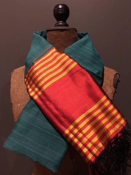 Teal and orange scarf in handwoven silk and cotton
