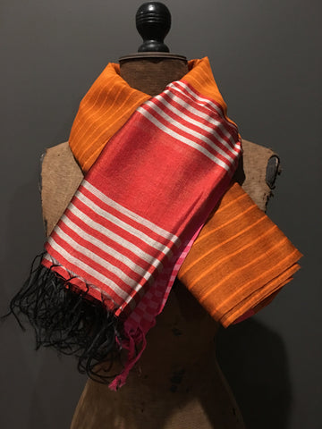 Orange and red scarf in handwoven silk and cotton