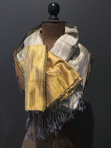Yellow and grey handwoven silk scarf
