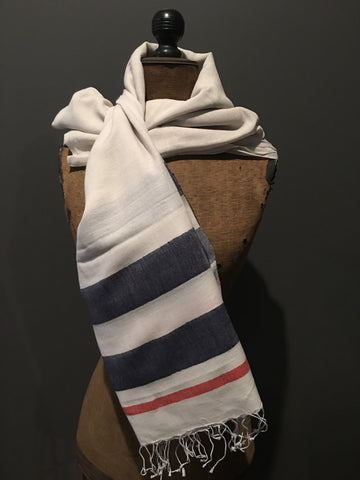 White handwoven cotton scarf with stripes