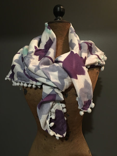 Handwoven purple and grey flower patterned scarf